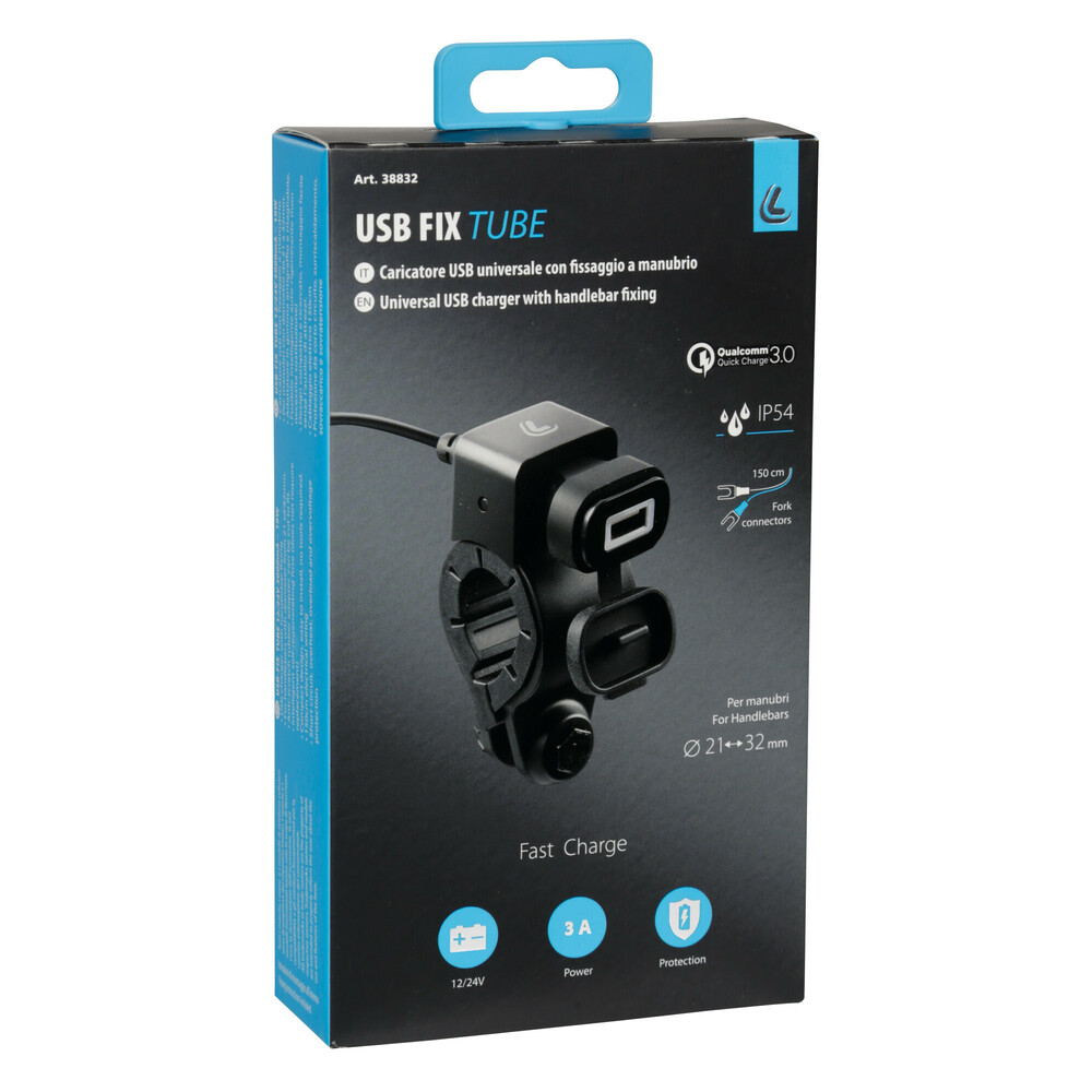 Usb-Fix Tube, Usb charger with handlebar fixing and fork connectors - Fast  Charge - 3000 mA - 12/24V